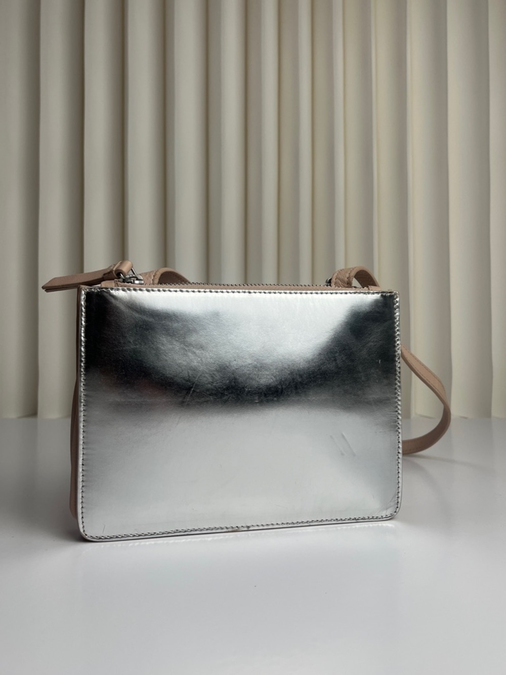& Other Stories Glam Metallic Silver Double Zip Leather Crossbody Bag